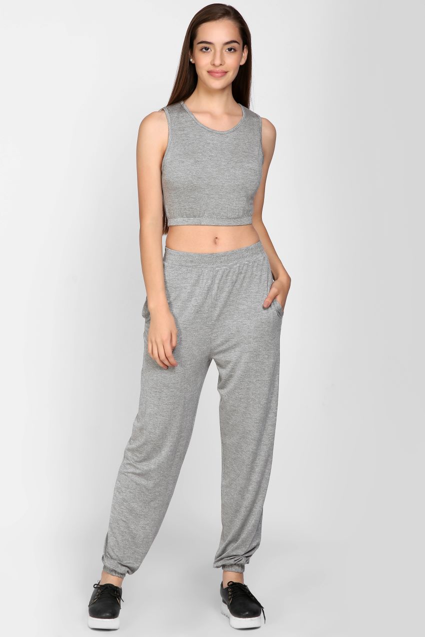 Grey joggers and crop top set sale