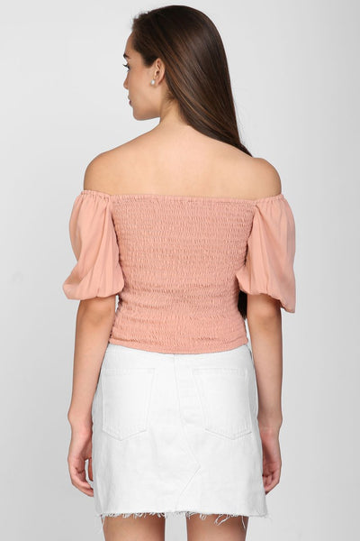 Casual Balloon Sleeve Solid Women Blush Smocky And Crop Top