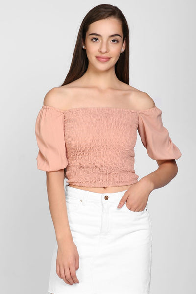 Casual Balloon Sleeve Solid Women Blush Smocky And Crop Top