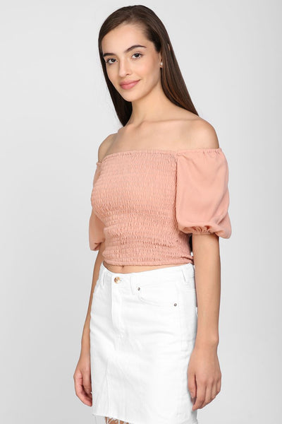 Casual Balloon Sleeve Solid Women Blush Smocky And Crop Top